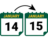 Two icons of a calendar, one with the date January 14 with an arrow pointing to the other with the date January 15.