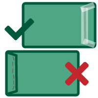 Icons of two envelopes: one, packaged correctly, showing tape across the seams; the other packaging incorrectly with staples along the flap.