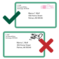 Two icon envelopes: the top one showing the correct way to leave the top right-hand corner clear; the bottom showing the incorrect envelope with marks in the top right-hand corner.