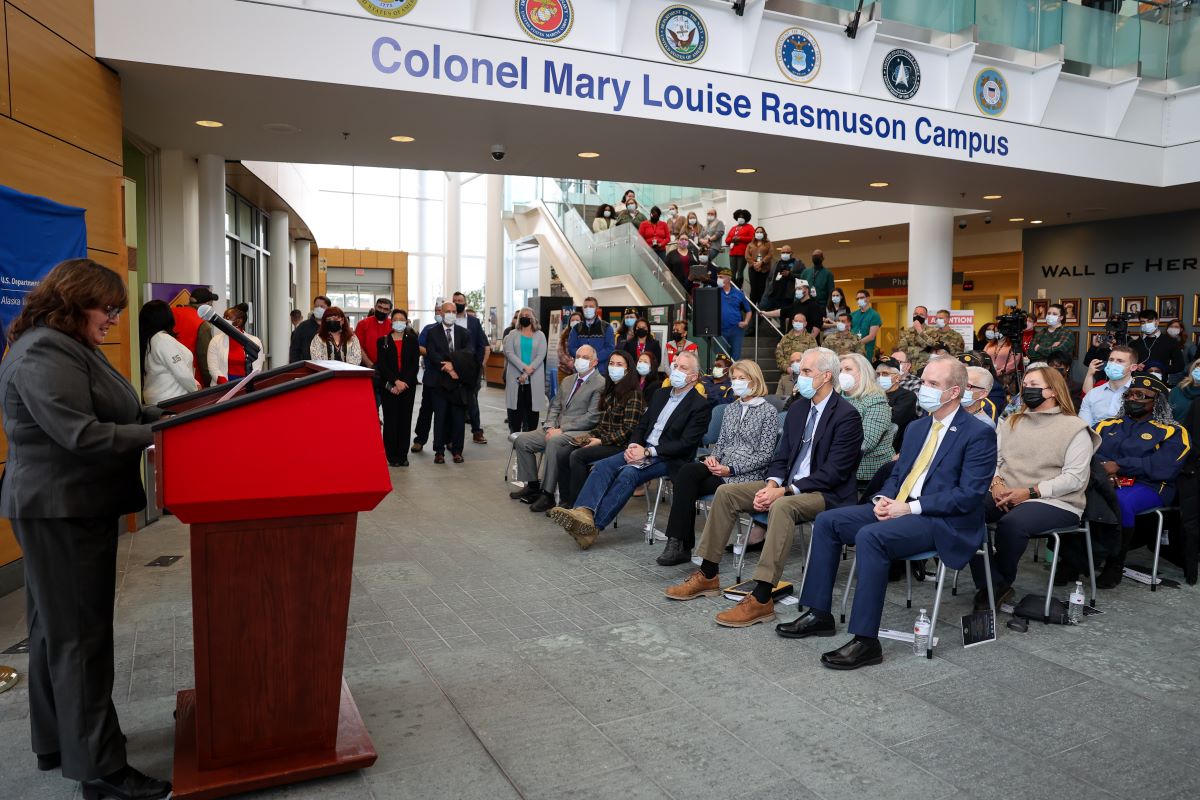 Vanessa Meade, assistant professor in the School of Social Work, addresses the crowd of veterans and dignitaries at the Feb. 24 renaming ceremony of the Alaska VA Clinic to the Colonel Mary Louise Rasmuson Campus of the Alaska VA Healthcare System. (Vicki Nechodomu/College of Health)