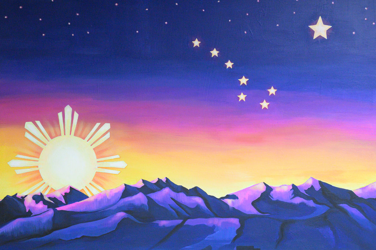 Close up of painting hanging outside Alumni Center