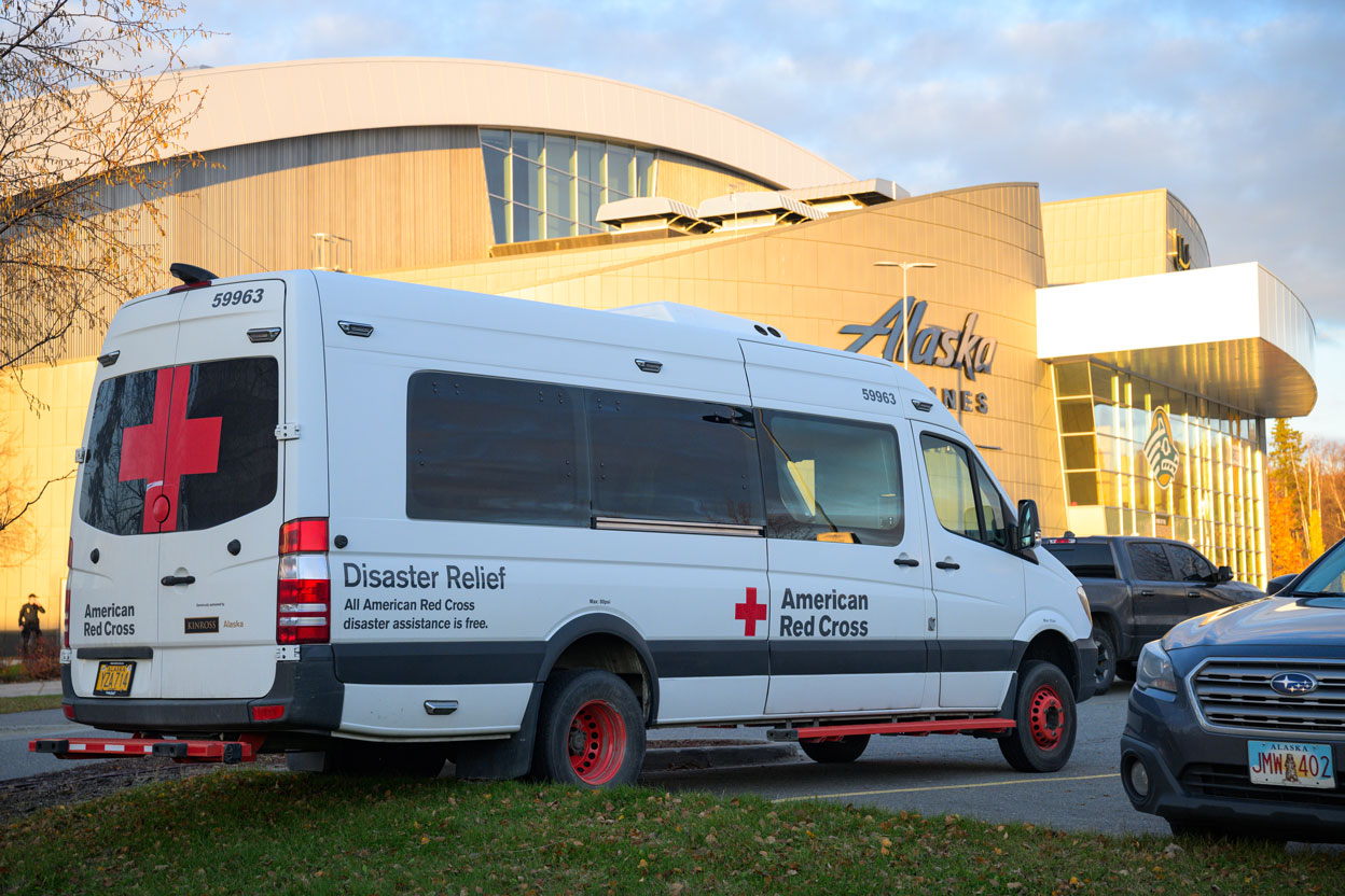Red Cross van in front of Alaska Airlines Center