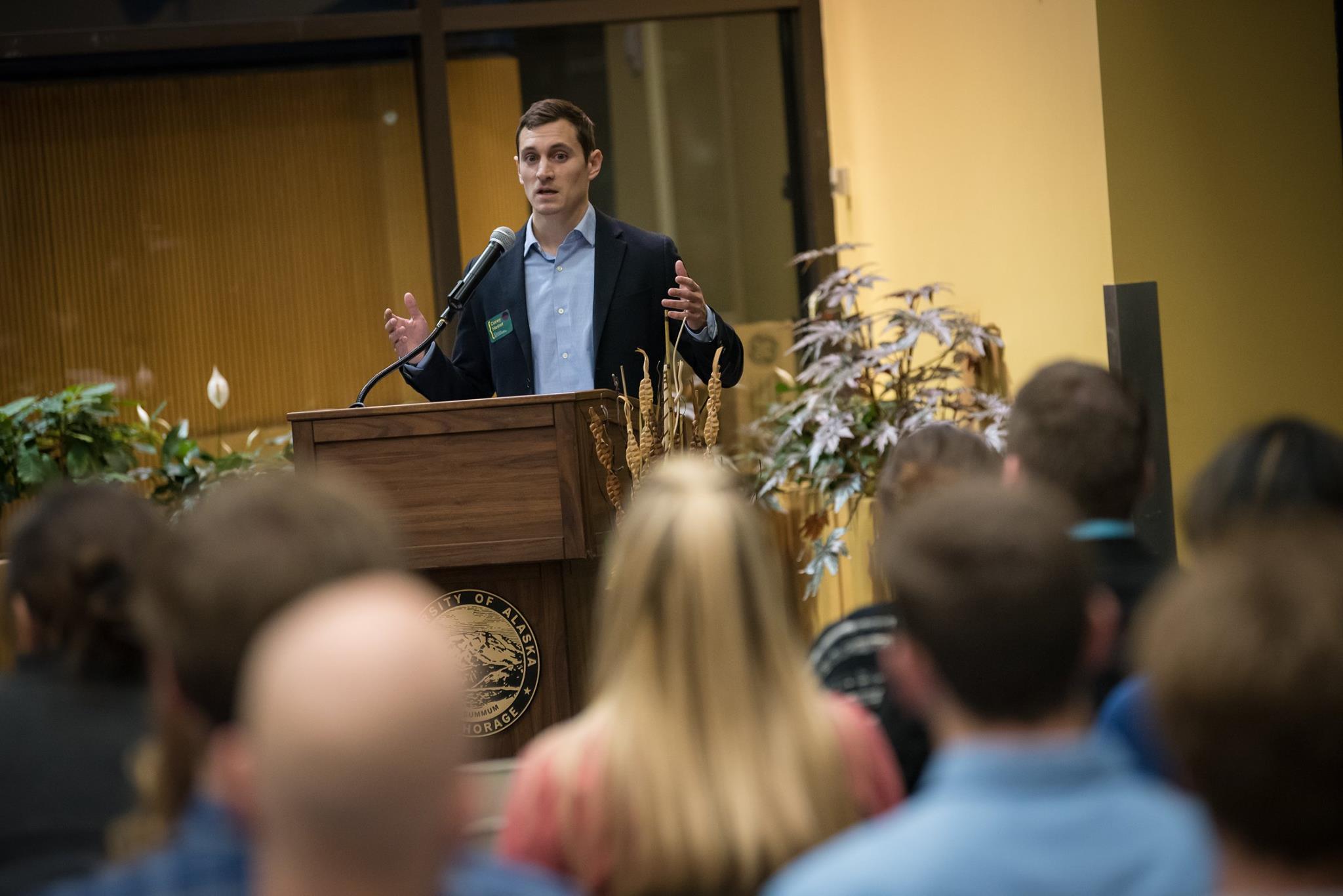 Corey Hester speaking to UAA students