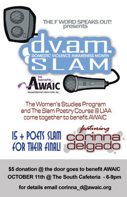 Poetry Slam with Corinna Delgado to benefit AWAIC is Oct. 11, 5:30 pm in Student Union 