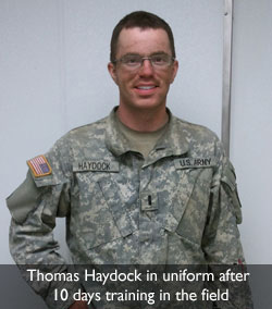 Thomas Haydock in uniform after 10 days training in the field