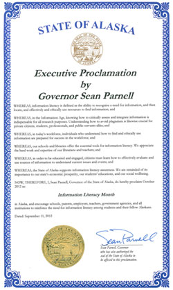Governor Sean Parnell declares October Information Literacy Month; click to see larger
