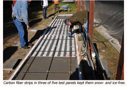 The test sidewalk was built with carbon fiber ribbons running through three of the five panels. The test sidewalk was built with carbon fiber ribbons running through three of the five panels.
