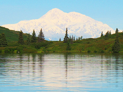 View of Denali from a lake field site near Talkneeta