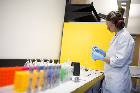 Nicole DeLuca, an undergraduate researcher and lab assistant in the von Hippel lab, prepares samples for the cryogenic mill.