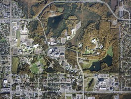 An aerial from 2001 shows a much more developed campus district.