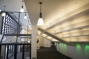 New fluorescent and LED lighting in the Wendy Williamson Auditorium has resulted in a 67 percent decrease in lighting wattage and a decreased need for maintenance time. Philip Hall/University of Alaska Anchorage