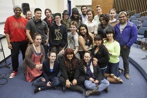 Members of UAA's Glee Club are, left to right, front: Elise Adams, Monica Repuya, Jasmine Araki, Lailani Cook and Samantha Alex; middle: Jillian Pollock, Hunter Woofter, Hazel De Los Santos; back: Edward Washington II, Jenny Gilhuly, Benjamin Chang, Kyle Lindsey, Wright Franklin, Kimber Gee, Mary Rhodes-Rasheed, Brennen Lamb, Rebecca Gamache, Andrew Christian II, Bijan Welch, Adi Davis and Benjo Holganza. Photo by Philip Hall/University of Alaska Anchorage