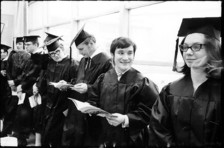 Graduates get ready to march into commencement in this undated photograph. Photo courtesy of UAA University Relations photographs, Archives and Special Collections, University of Alaska Anchorage.