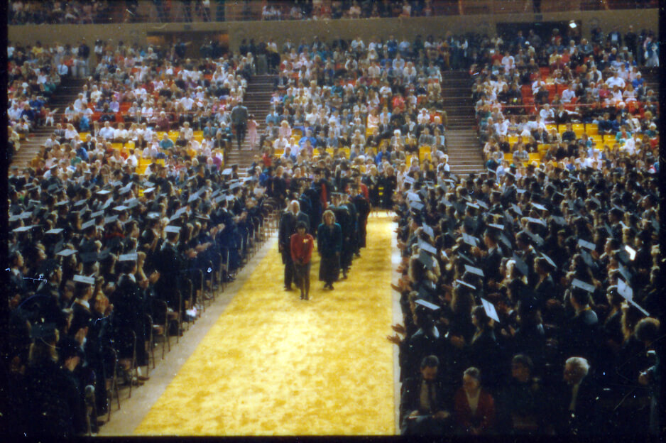 Faculty march into the Sullivan Arena during commencement for the class of 1992. Photo courtesy of UAA University Relations photographs, Archives and Special Collections, University of Alaska Anchorage.