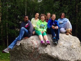 Camille Fulton, Kristina Yu, Victoria Roach, Ashley Smith, Hannah Romberg and Kathryn Tunnell take a lunch break at UAA's summer engineering academy. Photo by Tracy Kalytiak/UAA
