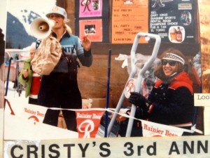Cristy addressing the crowd at the annual Ski Bash–a student event she organized each year in Girdwood. Photo courtesy of Cristy Hickel.