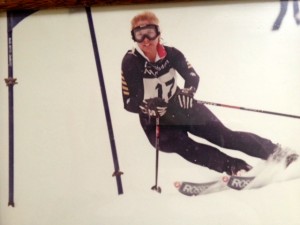 Skiing giant slalom for UAA, back in the days before helmets joined the uniform. (Photo courtesy of Cristy Hickel)