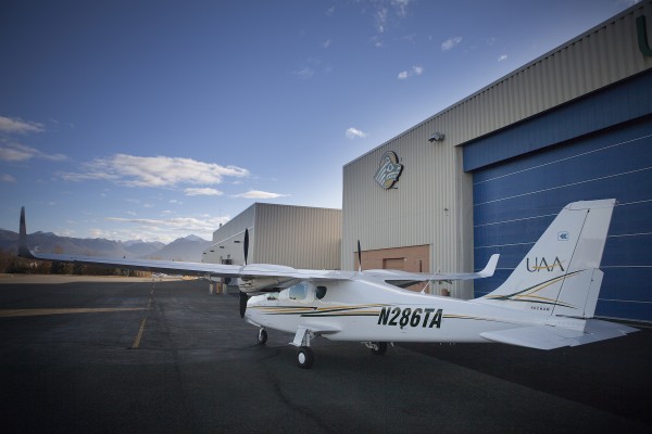 Shipped from Italy, assembled in Florida and painted in Richmond, UAA's new P2006T twin-engine trainer is now safe at home at the Seawolf hangar. (Photo by Philip Hall/University of Alaska Anchorage)