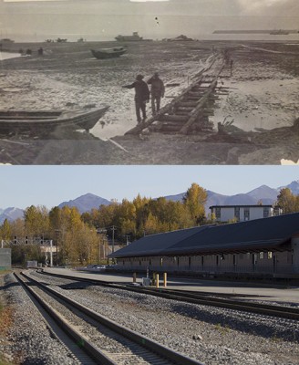 Ship Creek area then and now. In a phenomenal feat of engineering, the Alaska Railroad Commission punched through miles of rough terrain to connect Alaska's hub cities. Top image: Frederick Mears collection, Archives & Special Collections, UAA/APU Consortium Library. Bottom image by Philip Hall/University of Alaska Anchorage.