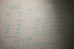 Each week, members add more Icelandic grammar and vocabulary to the wall-sized white boards in CPISB. (Photo by Philip Hall/University of Alaska Anchorage)