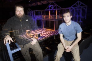 Professor Daniel Glen Carlgren, left, and Christopher Evans '16, his assistant technical director, turned the UAA Mainstage into a Shakespearean facade for three shows this season (Photo by Philip Hall/University of Alaska Anchorage).