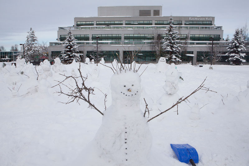 Last year's Snowman Village. This year's low snow and warm temperatures may limit their stay. (Philip Hall/UAA)
