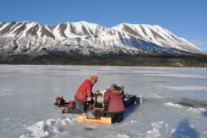Every season offers its challenges for research at Upper Russian Lake, but at least winter provides the stability of the ice (Photo courtesy of Molly McCarthy).