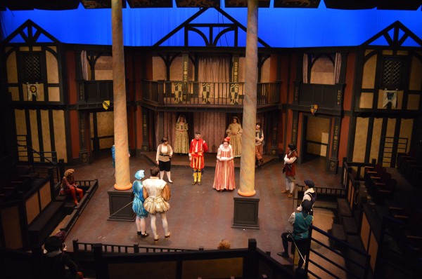 The cast of Twelfth Night runs a dress rehearsal in full costume on the Tudor-style stage (Photo by Daniel Carlgren).