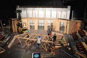 UAA set design students moved in the heavy machinery to build their two-tier set this fall (Photo by Daniel Carlgren).
