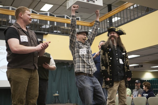 Galen Pazar upsets Moustache Ken to take first in the Moustache category at this year's Beard & 'Stache Competition (Photo by Philip Hall/University of Alaska Anchorage).