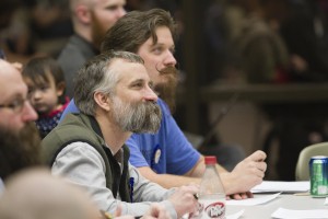 Judges David Traver (left) and Mike Nield judged the competition on beard bulk, heft and personality. It's an imprecise science (Photo by Philip Hall/University of Alaska Anchorage).