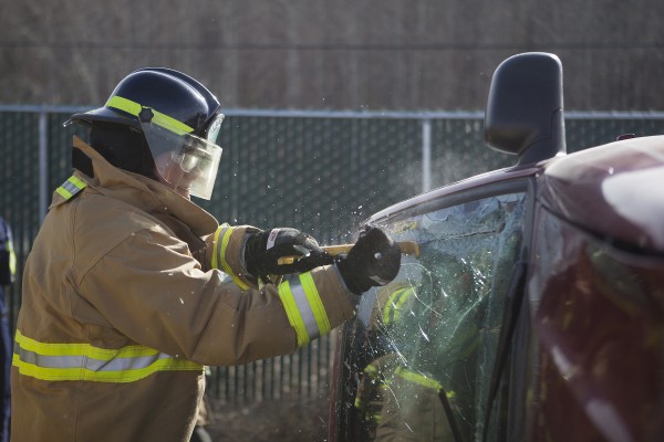 Fire science and emergency medical service (EMS) students team up once a semester for Vehicle Extrication--a one-weekend intensive course held this year at Chugiak Volunteer Fire Department (Photo by Philip Hall/University of Alaska Anchorage). 