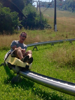 Coach Chris Green tears down the track at the ski resort in Maribor, Slovenia's second-largest city (Photo courtesy of UAA Athletics).
