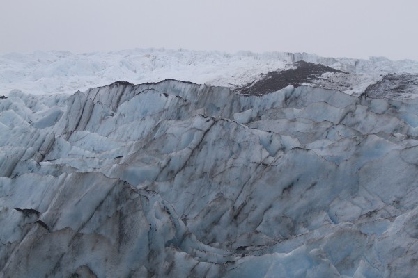Bard Glacier deposited a lateral moraine, visible in the upper right, onto Portage Glacier before it, too, retreated (Photo by Philip Hall / University of Alaska Anchorage). 
