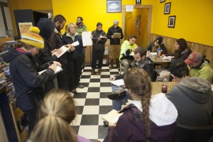 A Girdwood coffeeshop provided a perfect classroom to wait out the rain (Photo by Philip Hall / University of Alaska Anchorage).