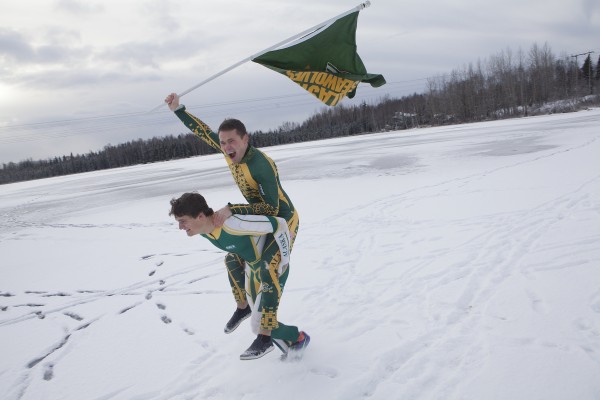 Members of the University of Alaska Anchorage Ski Team pose for photos at Goose Lake in Anchorage, Alaska Wednesday, Nov. 11, 2015.