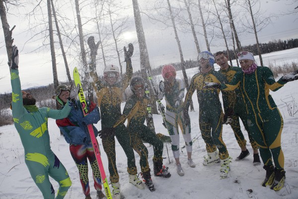 Members of the University of Alaska Anchorage Ski Team pose for photos at Goose Lake in Anchorage, Alaska Wednesday, Nov. 11, 2015.