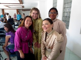 Hayley, second from left, and a few other Peace Corps volunteers dressed in traditional dels at the end of their training (Photo courtesy of Hayley Crow).