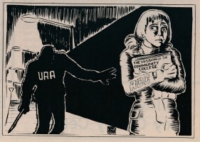 The Northern Light resulted from the merger of UAA Voice and Anchorage Community College's ACCent. This grim political cartoon from the waning days of ACCent shows the student perspective on the merged campus plan (Image courtesy of Archives and Special Collections, University of Alaska Anchorage).