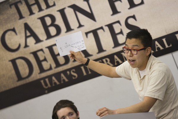 Tim Williams makes his case at the semifinals (Photo by Phil Hall / University of Alaska Anchorage).