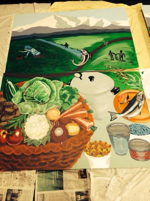 Khulan Bazarvaani, a UAA civil engineering student with a Mongolian bachelor's degree in fine art, created this Khulan Bazarvaani, a UAA civil engineering student with a Mongolian bachelor's degree in fine art, created this mural panel depicting a Cooperative Extension Service nutrition program. This and three other panels now hang at the 4-H building on the Alaska State Fairgrounds. (Courtesy of Khulan Bazarvaani)