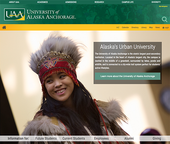 Click on the image to see the larger graphic explaining the new homepage. Thumbnail of new UAA Homepage.