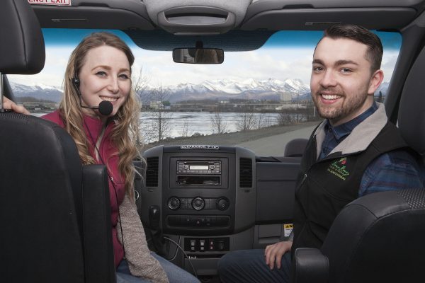 Chloe Akers-Silverman, B.A. '15, and Justin Oller, B.A. '15, are friends, co-workers and classmates (who both speak a fair share of Japanese). They're parallel lives continue at Salmon Berry Tours, where both are putting their theater degrees to work entertaining visitors to Alaska all year long (Photo by Phil Hall / University of Alaska Anchorage).