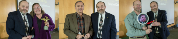 Pictured, left to right: Sandra Ehrlich-Mathiesen & Provost Gingerich; Bruno Kappes & Provost Gingerich; Eric Baldwin is represented by David Dannenberg (left) with Provost Gingerich (right).