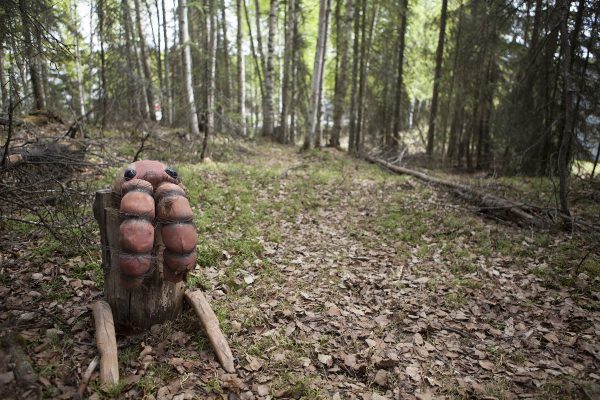 Student scultpures hide around every corner on the Alaska Quad (Photo by Phil Hall / University of Alaska Anchorage).