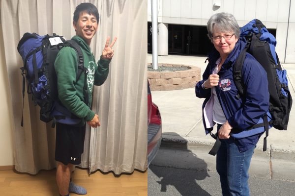  Jeanne dropped off the backpack with Hiroko outside the Admin/Humanities Building on May 8. By May 12, it had made it back to Yu in Tokyo (Photos by Etsuko Tsubonuma, Hiroko Harada).