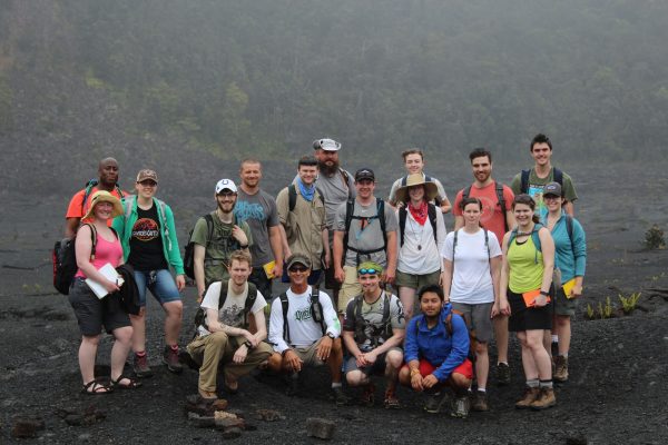 The 2016 volcanology class stopped for a group photo on the floor of Kilauea Iki crater (Photo courtesy of Jed Long).