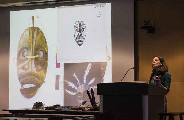 Estonian Fulbright scholar Anna Mossolova talks about her research into Alaska Native mask making, at an event organized by the UAA Campus Bookstore in December. (Photo by Sven Haakanson)