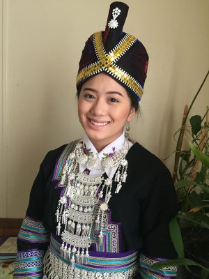 Siemee Xiong, here, wears traditional Hmong clothing. (Photo courtesy of Siemee Xiong)