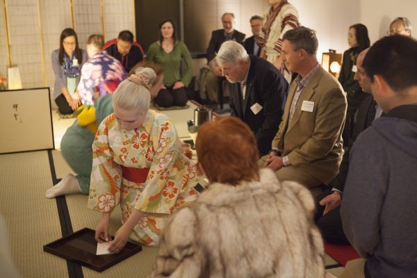 Japanese language students served chancellors, donors and even the Consul of Japan at the Tea Room ribbon-cutting in (Photo by Phil Hall / University of Alaska Anchorage).